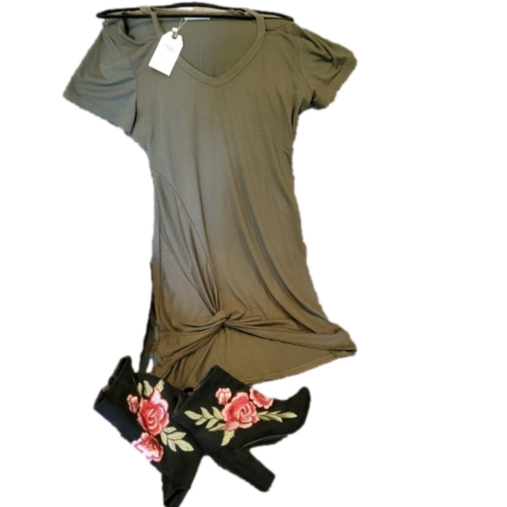 Berryou Cold Shoulder Army Green T-shirt Midi Dress with Ruched Hem Size L - Picture 3 of 12